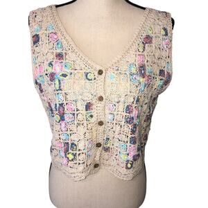 Crocheted Vest Button Front Cottage Core Pastel Color Block Gilet Boho One Size
